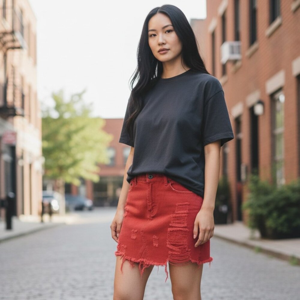 Caffeine Red Distressed Denim Mini Skirt Womens M Stretch Jean Short Raw Hem